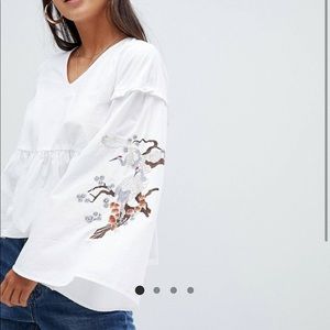 White Flare Sleeve Top with Embroidery